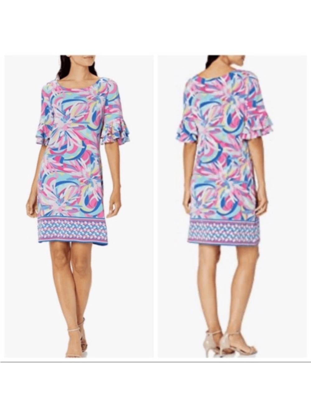 Pallagallo Printed Flutter-Sleeve Shift Dress in Pink & Blue Size Large